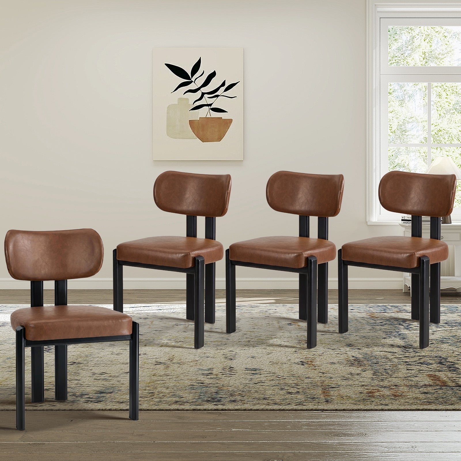 Oikiture Set of 4 Dining Chairs Faux Leather Fabric Kitchen Chair Padded Seat