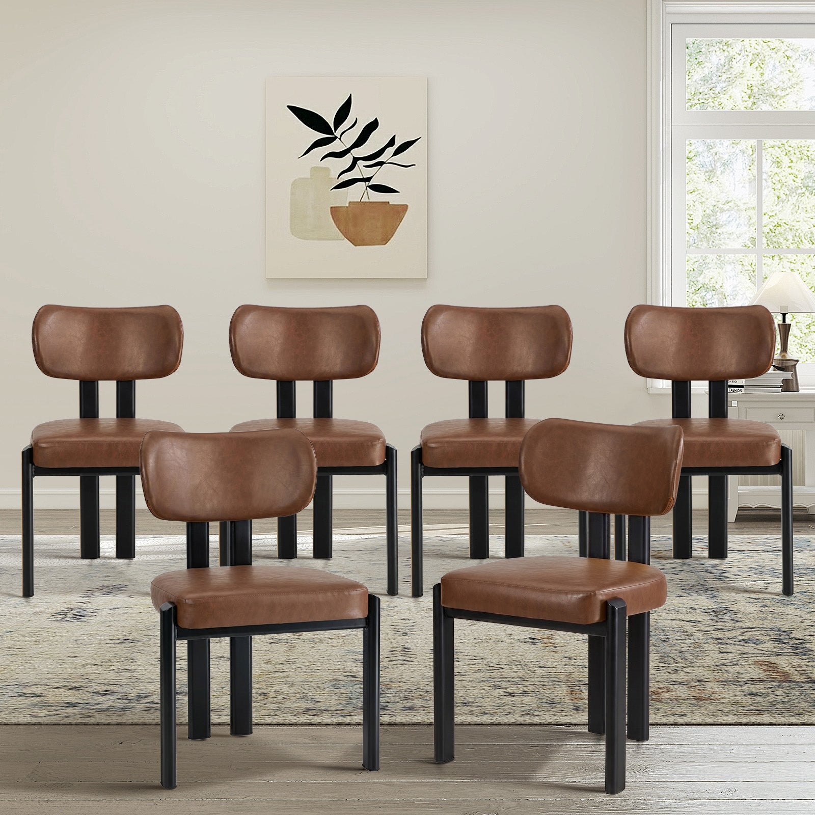 Oikiture Set of 6 Dining Chairs Faux Leather Fabric Kitchen Chair Padded Seat
