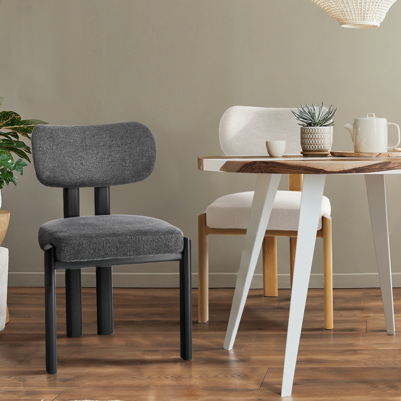 Oikiture Set of 2 Dining Chairs Linen Fabric Kitchen Seat Padded Accent Chair