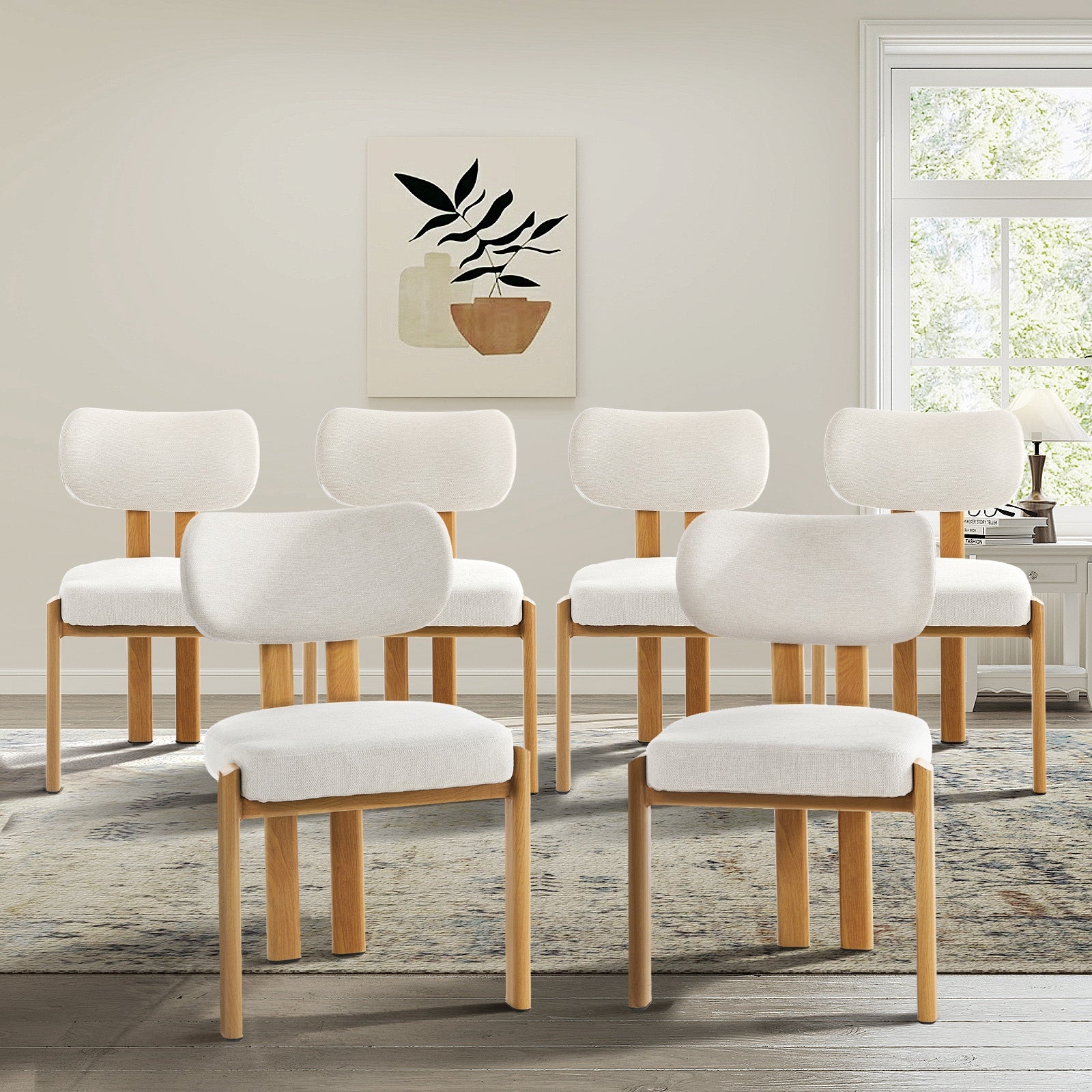 Oikiture Set of 6 Dining Chairs Linen Fabric Kitchen Chair Padded Seat Beige