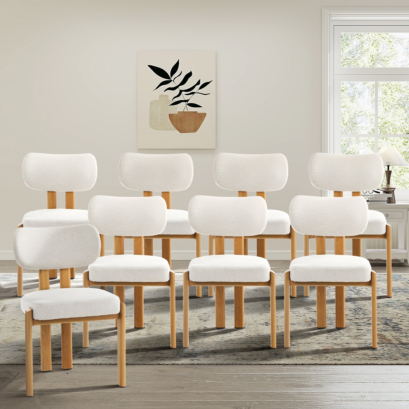 Oikiture Set of 8 Dining Chairs Linen Fabric Kitchen Chair Padded Seat Beige