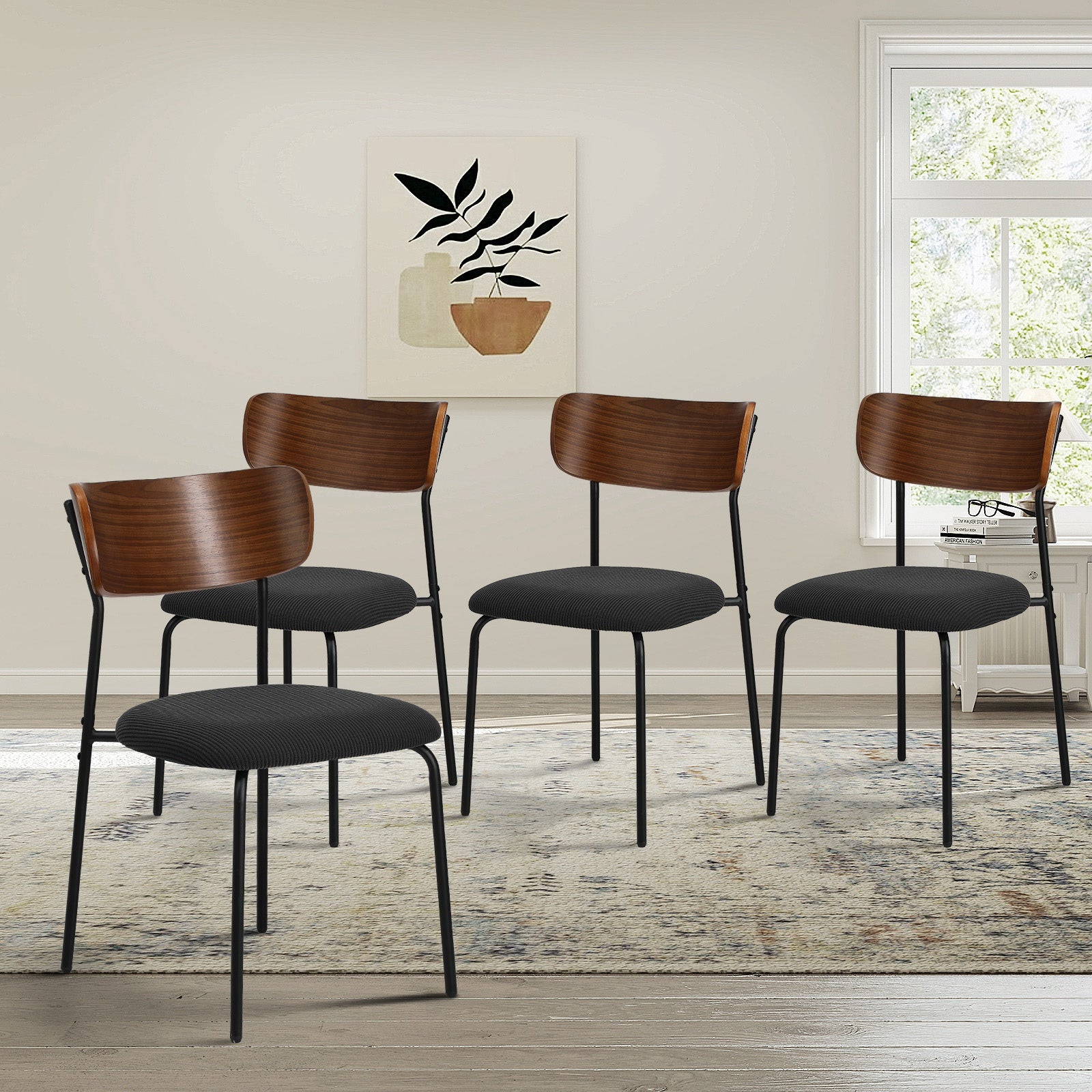 Oikiture 4PCS Dining Chairs Kitchen Chair Padded Lounge Seat Corduroy Black - Sunyee