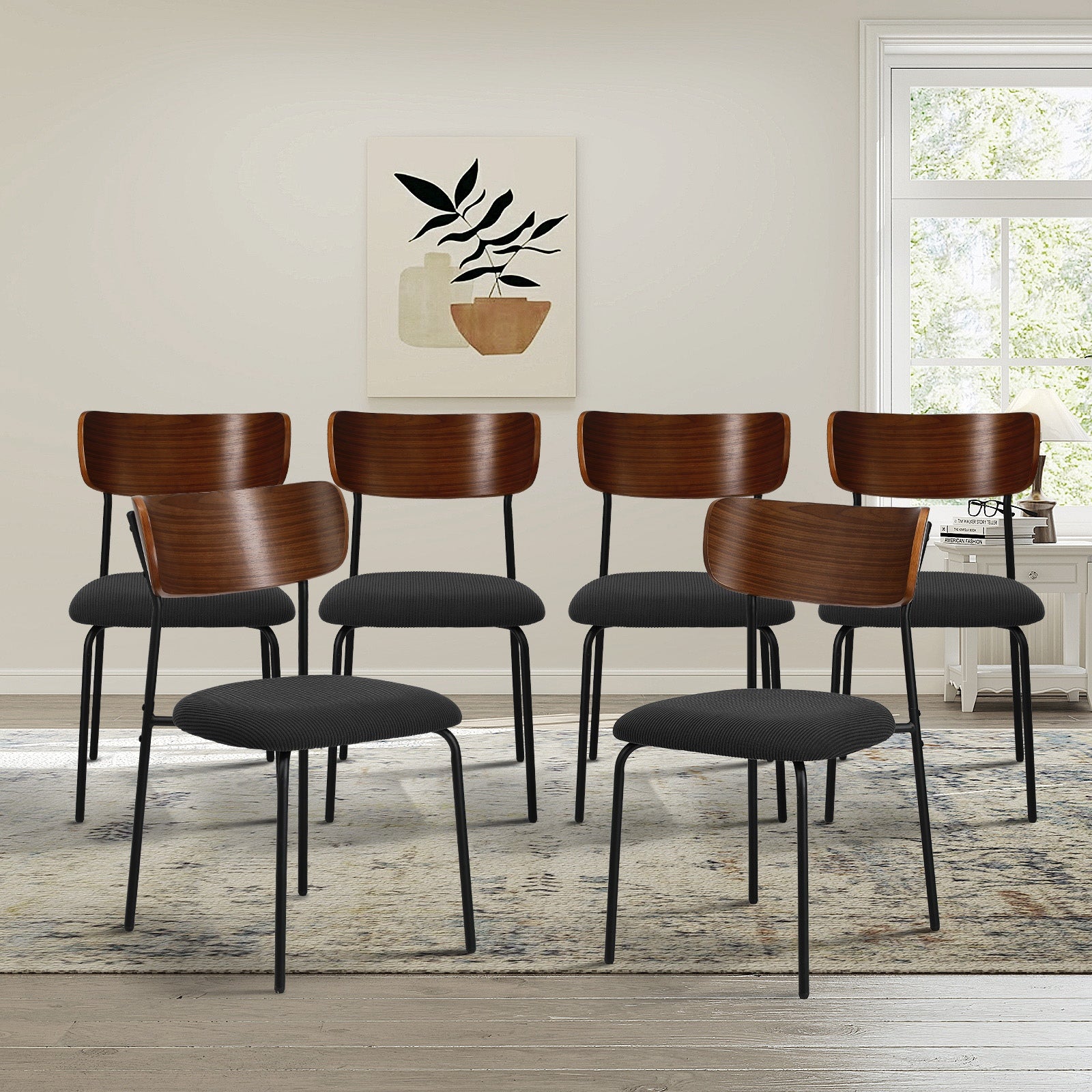 Oikiture 6PCS Dining Chairs Kitchen Chair Padded Lounge Seat Corduroy Black - Sunyee