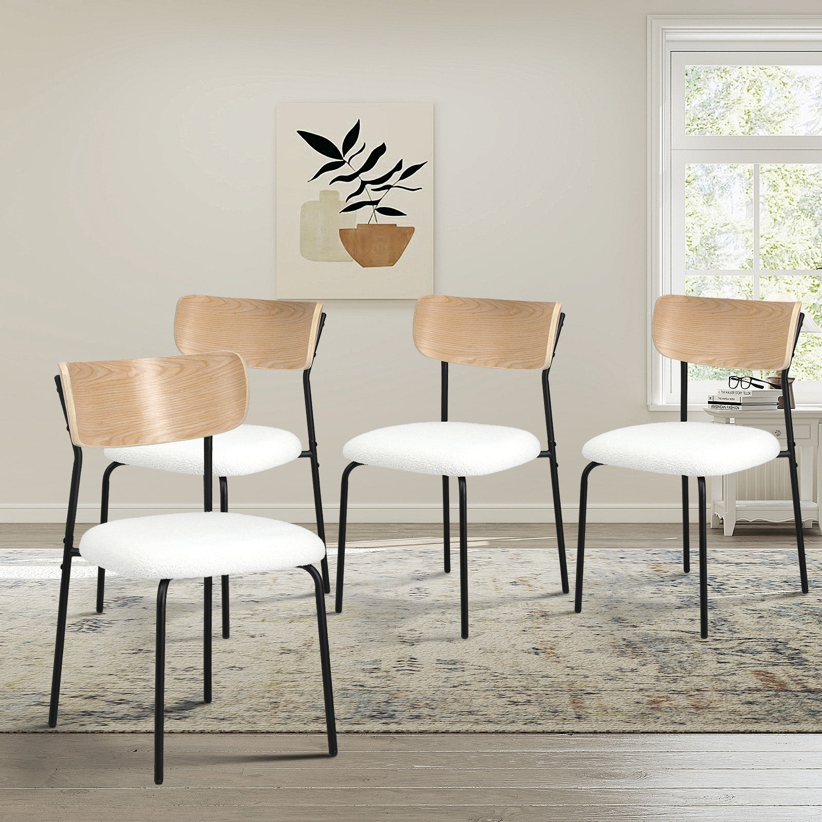 Oikiture 4PCS Dining Chairs Kitchen Chair Padded Lounge Seat Sherpa White - Sunyee