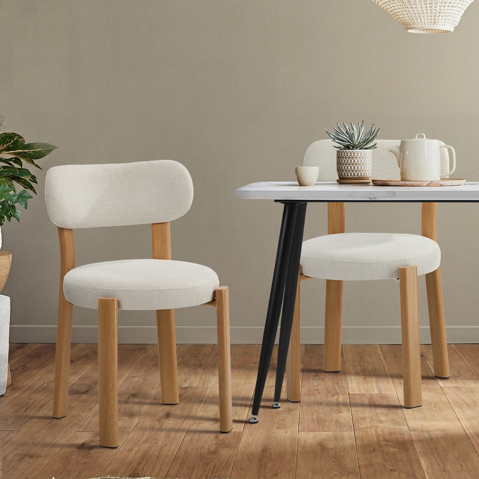 Oikiture 2x Dining Chair Upholstery Chairs Timber-Look Frame Natural&Beige