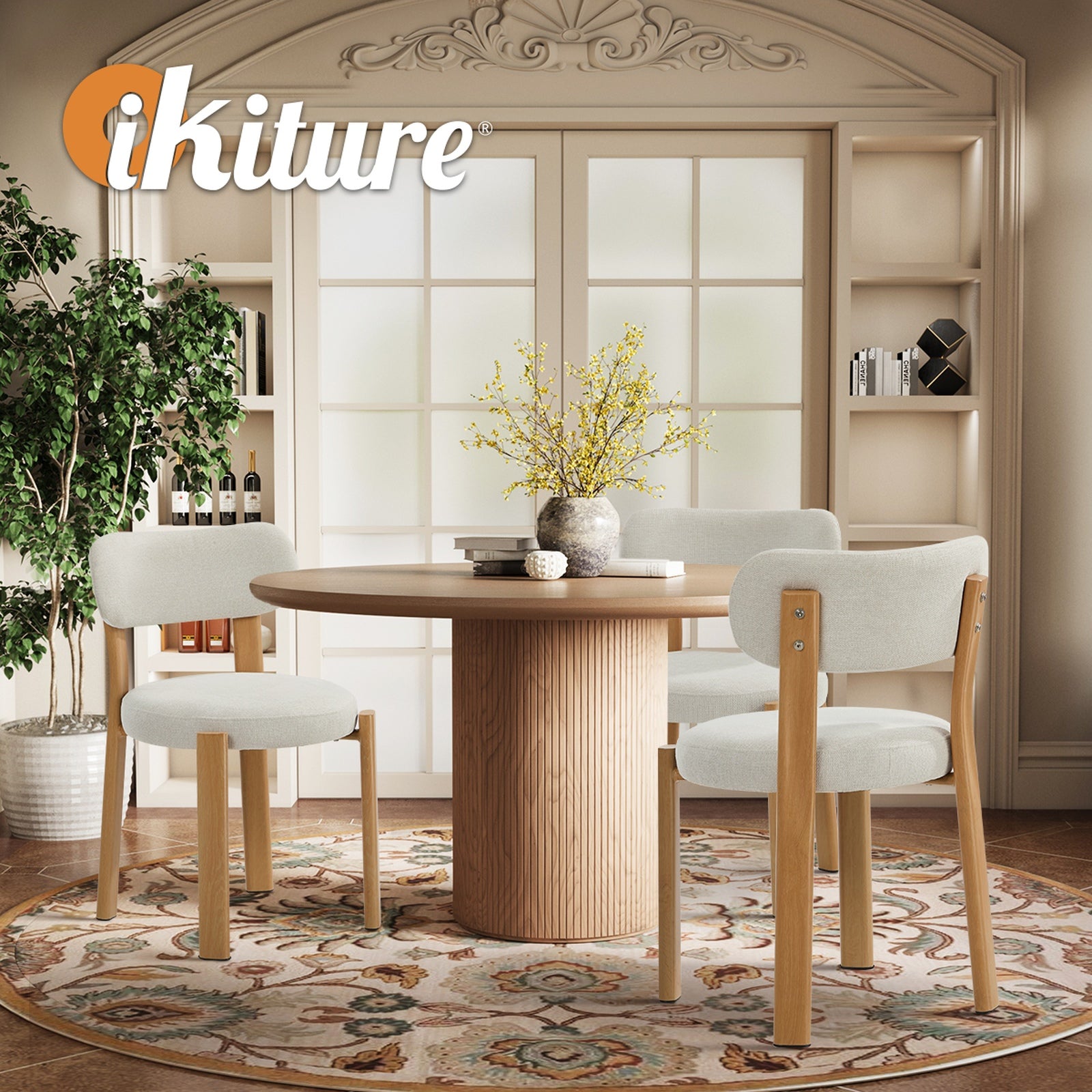 Oikiture 2x Dining Chair Upholstery Chairs Timber-Look Frame Natural&Beige