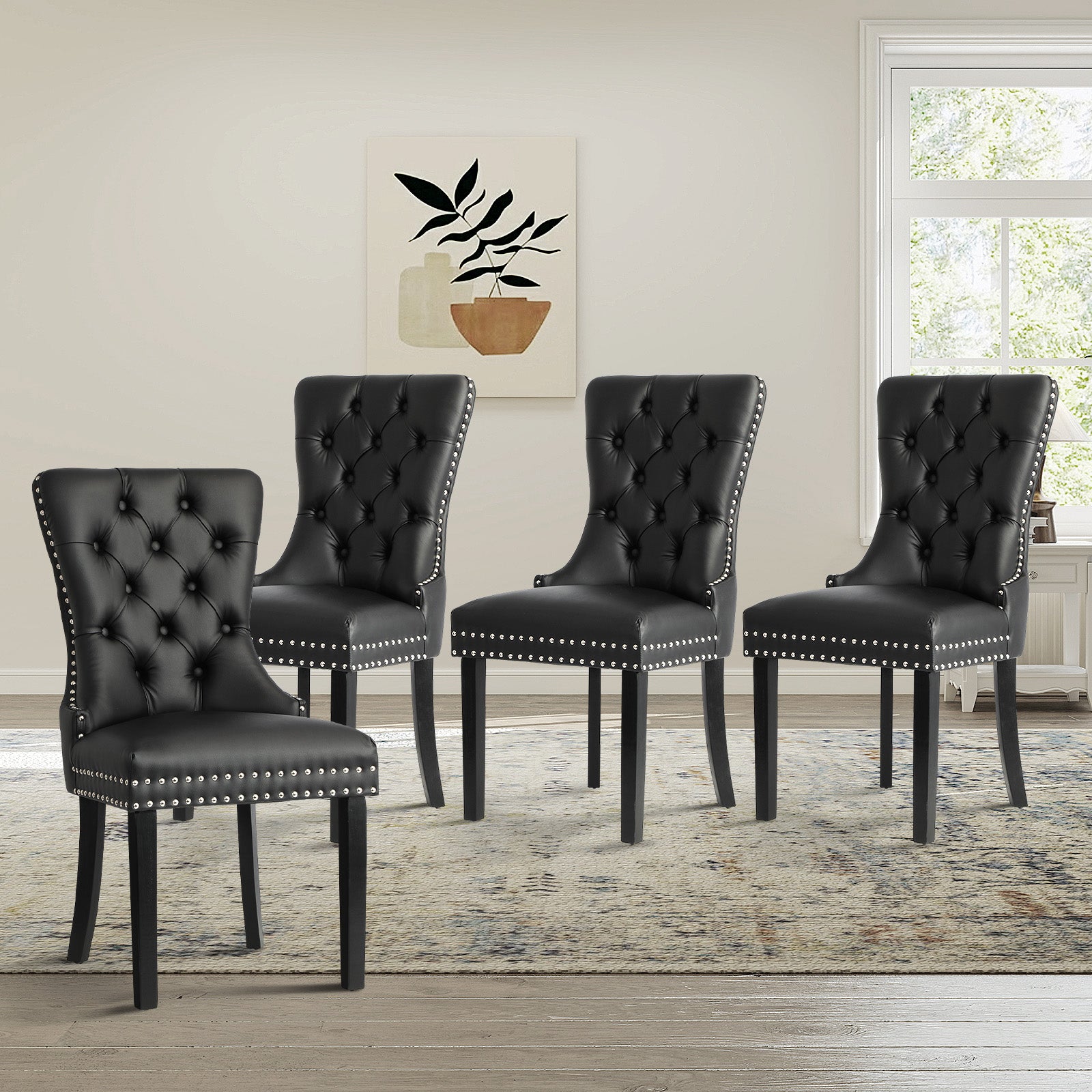 Oikiture 4x Dining Chairs Upholstered French Provincial Tufted PU Leather Black - Sunyee