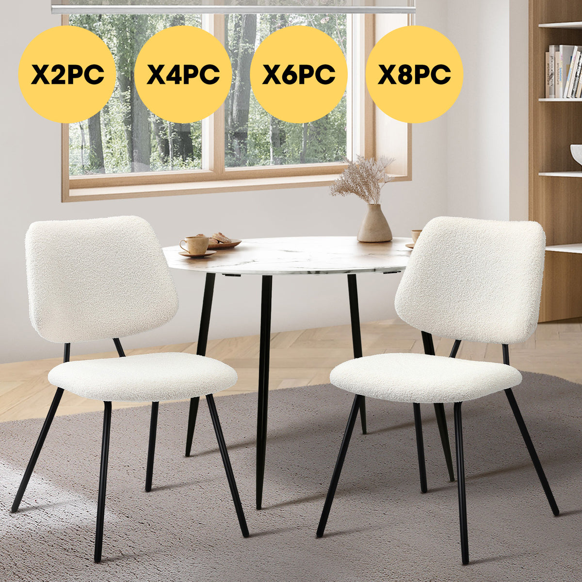 Oikiture Dining Chair Vintage Retro Sherpa Kitchen Padded Lounge White - Sunyee
