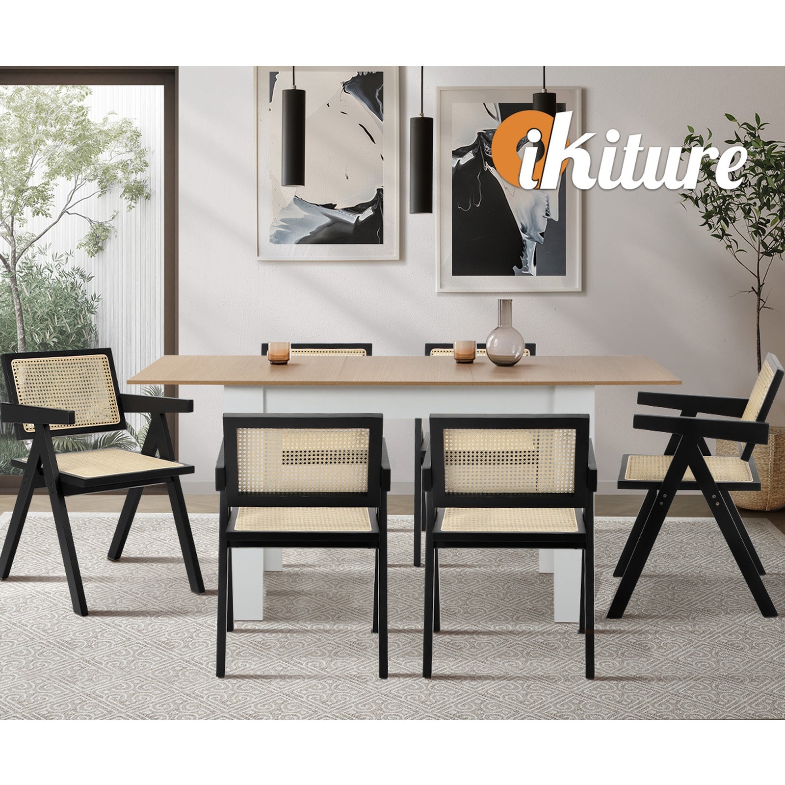 Oikiture 2x Dining Chairs Rattan Chair Wooden Accent Chair Black - Sunyee