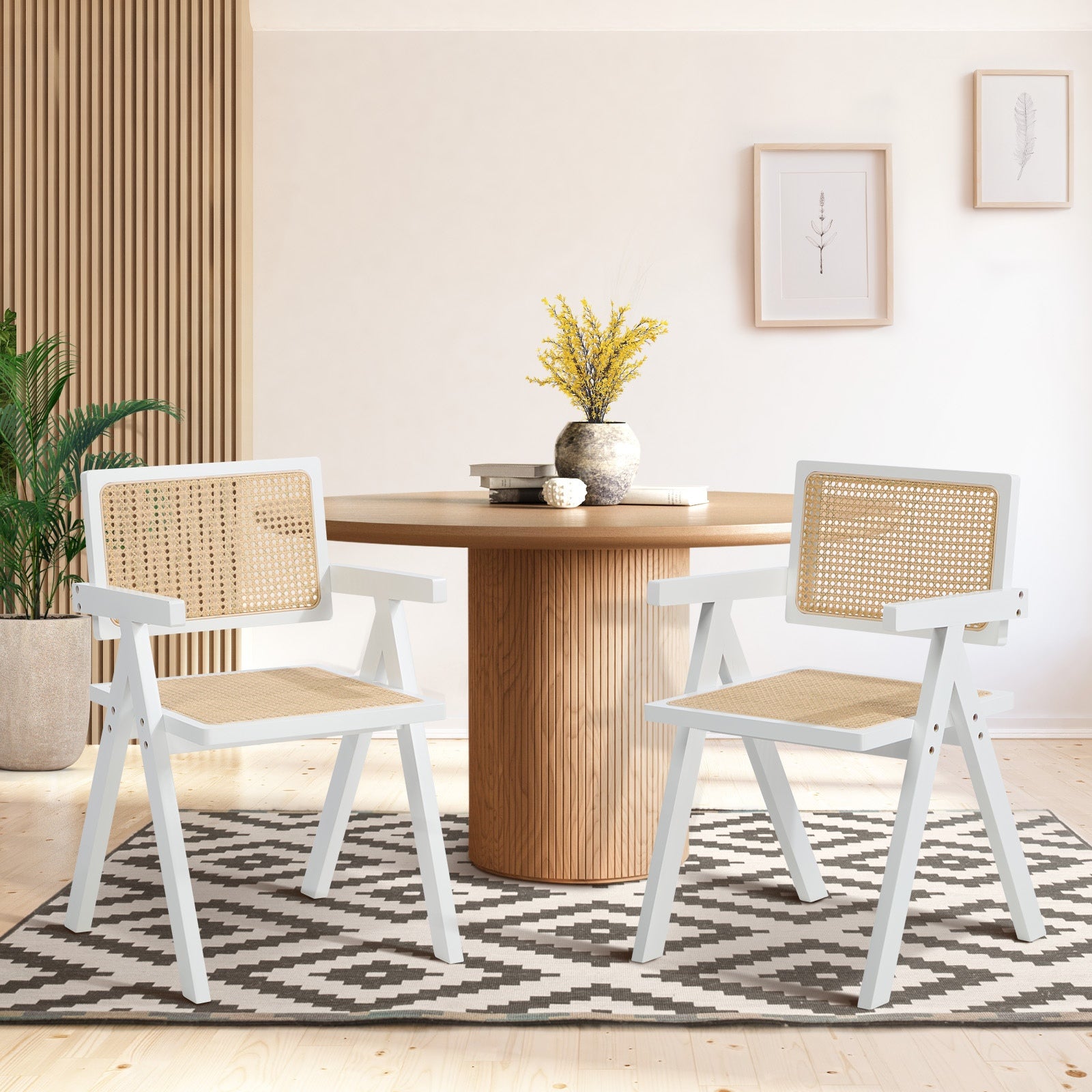 Oikiture 2x Dining Chairs PE Rattan Chair Bamboo Frame White