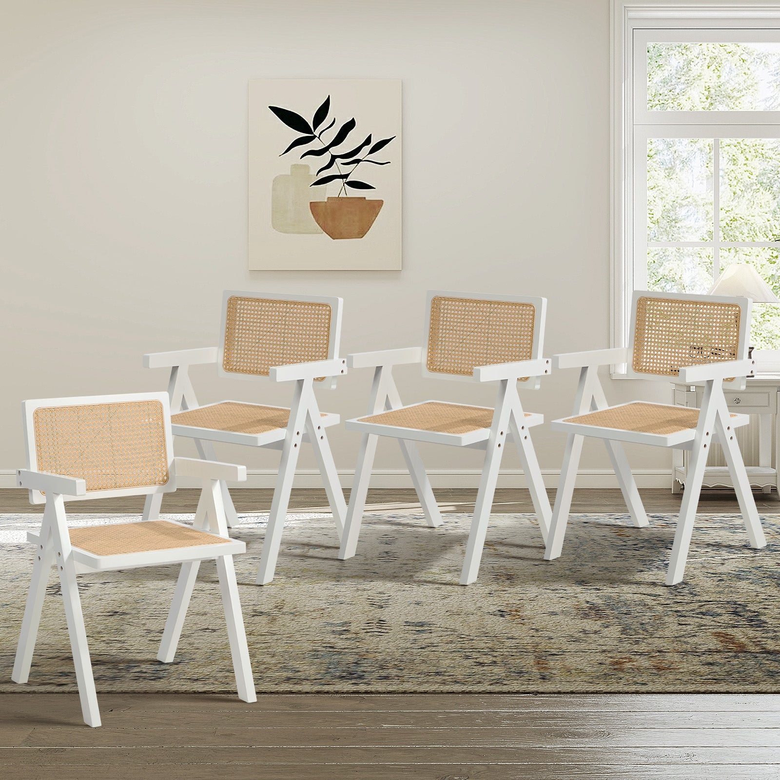 Oikiture 4x Dining Chairs PE Rattan Chair Bamboo Frame White
