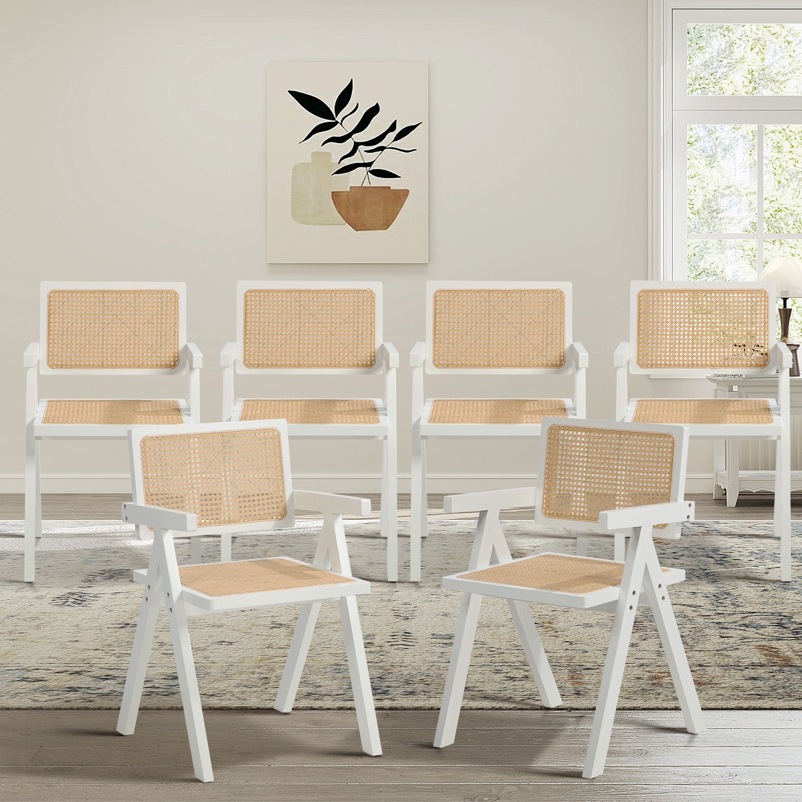 Oikiture 6x Dining Chairs PE Rattan Chair Bamboo Frame White