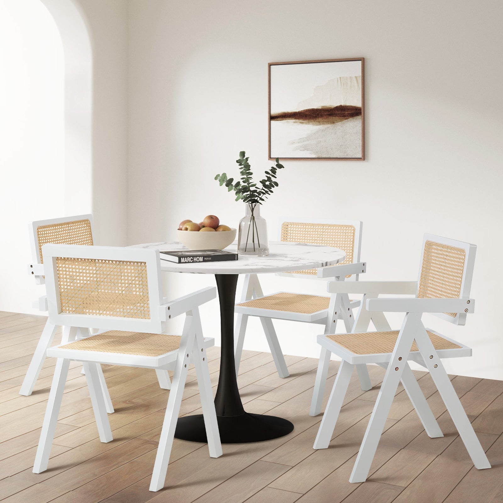 Oikiture 6x Dining Chairs PE Rattan Chair Bamboo Frame White