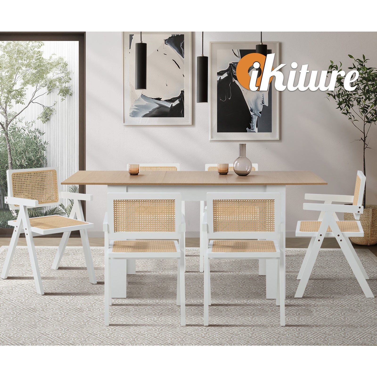 Oikiture 6x Dining Chairs PE Rattan Chair Bamboo Frame White