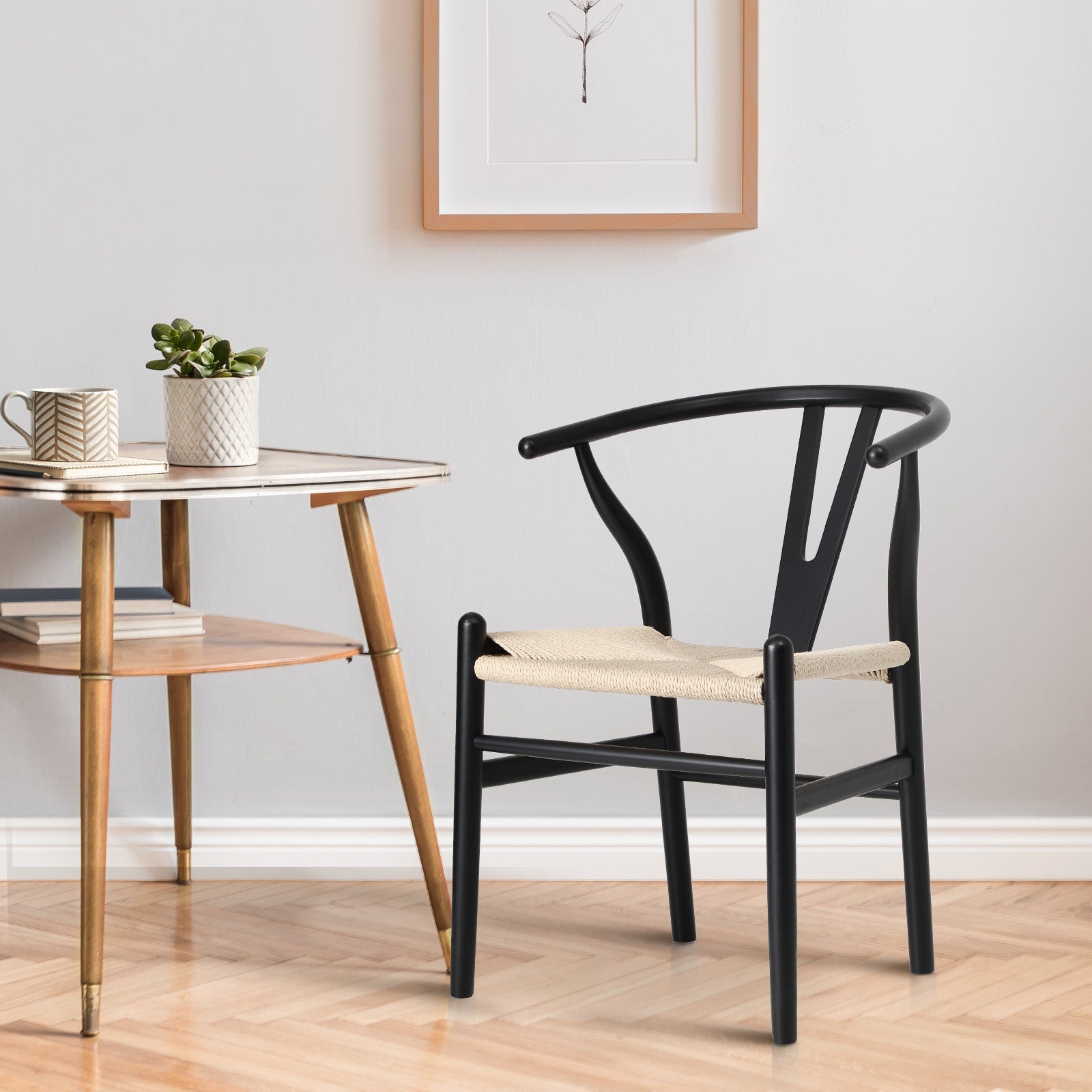 Oikiture Dining Chair Wooden Hans Wegner Chair Wishbone Cafe Lounge Seat Black - Sunyee