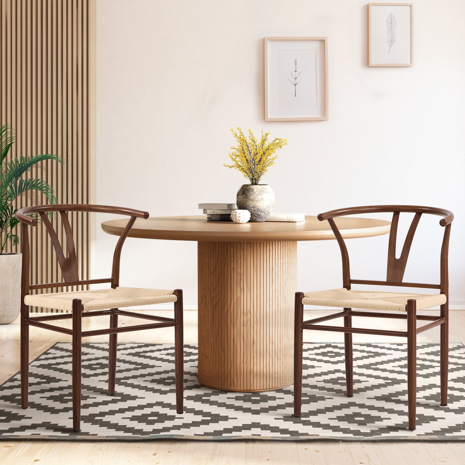 Oikiture 2x Dining Chair Metal Hans Wegner Chair Wishbone Cafe Lounge Walnut