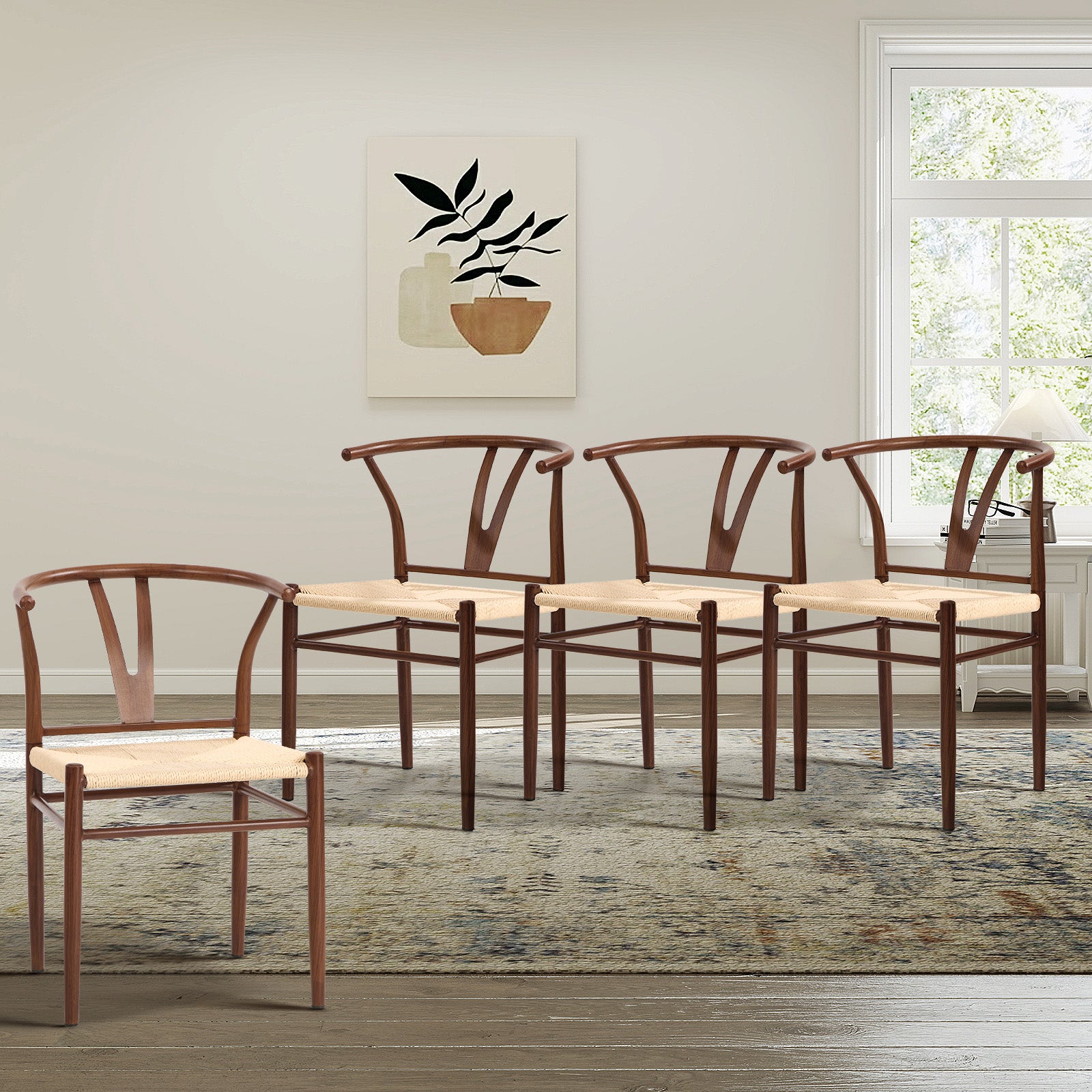 Oikiture 4x Dining Chair Metal Hans Wegner Chair Wishbone Cafe Lounge Walnut