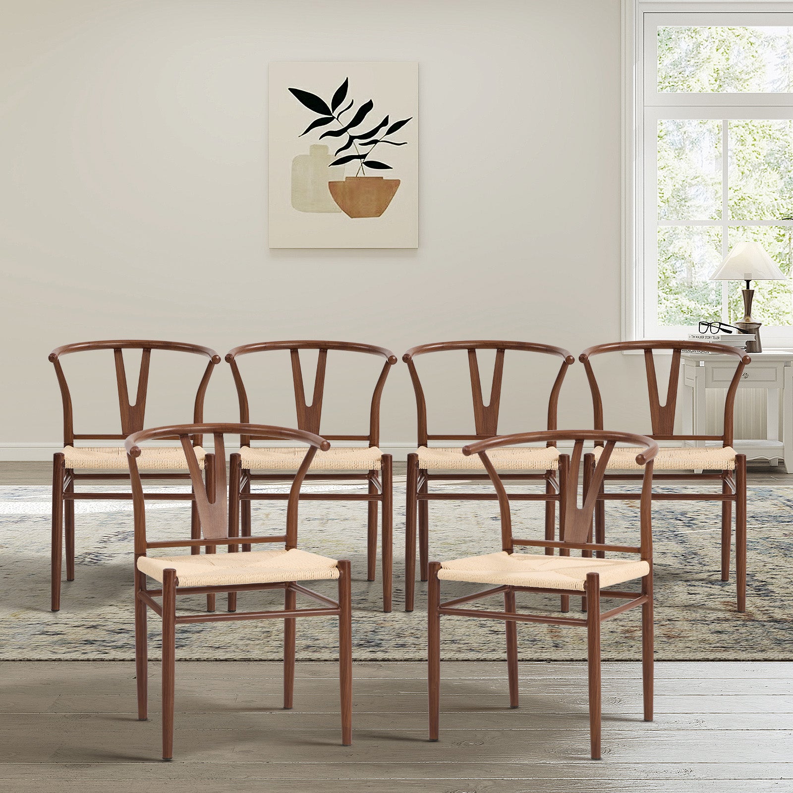 Oikiture 6x Dining Chair Metal Hans Wegner Chair Wishbone Cafe Lounge Walnut