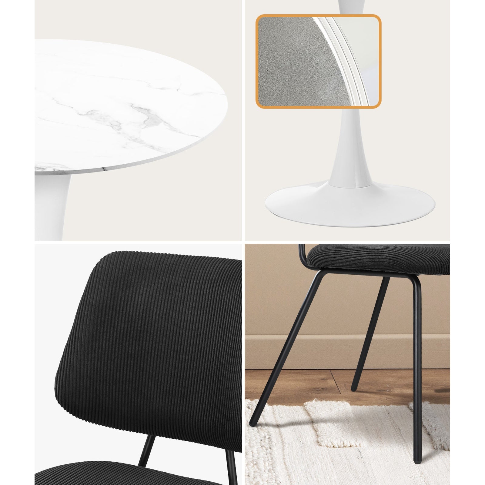 Oikiture Dining Table Set 60cm Round Dining Table and Chairs Black&White