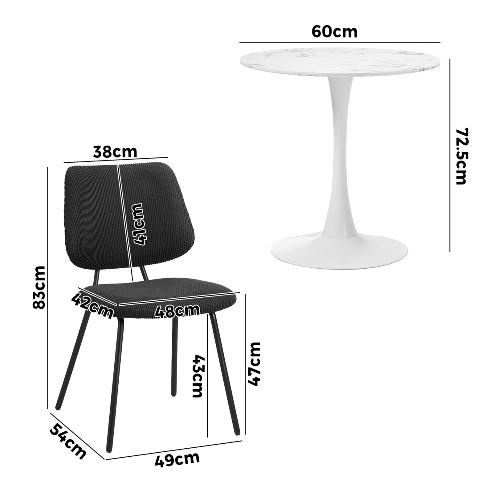 Oikiture Dining Table Set 60cm Round Dining Table and Chairs Black&White