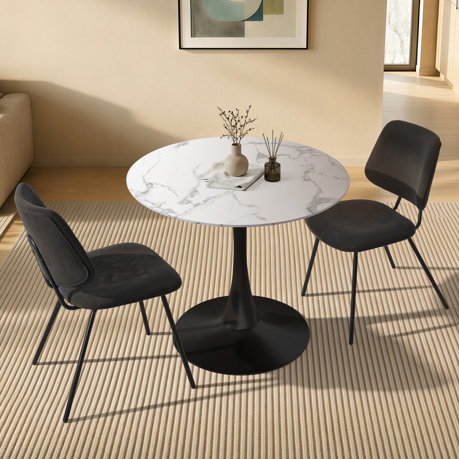 Oikiture Dining Table Set 60cm Round Dining Table and 2x Dining Chairs Black&White