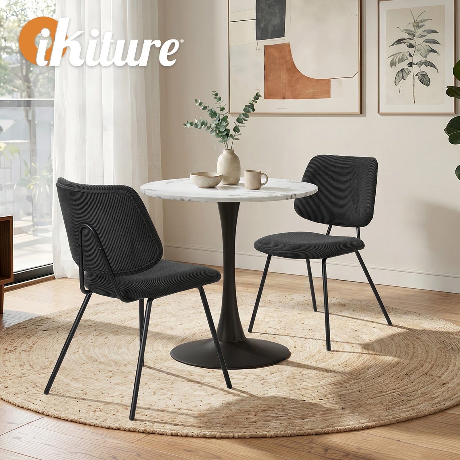 Oikiture Dining Table Set 60cm Round Dining Table and 2x Dining Chairs Black&White