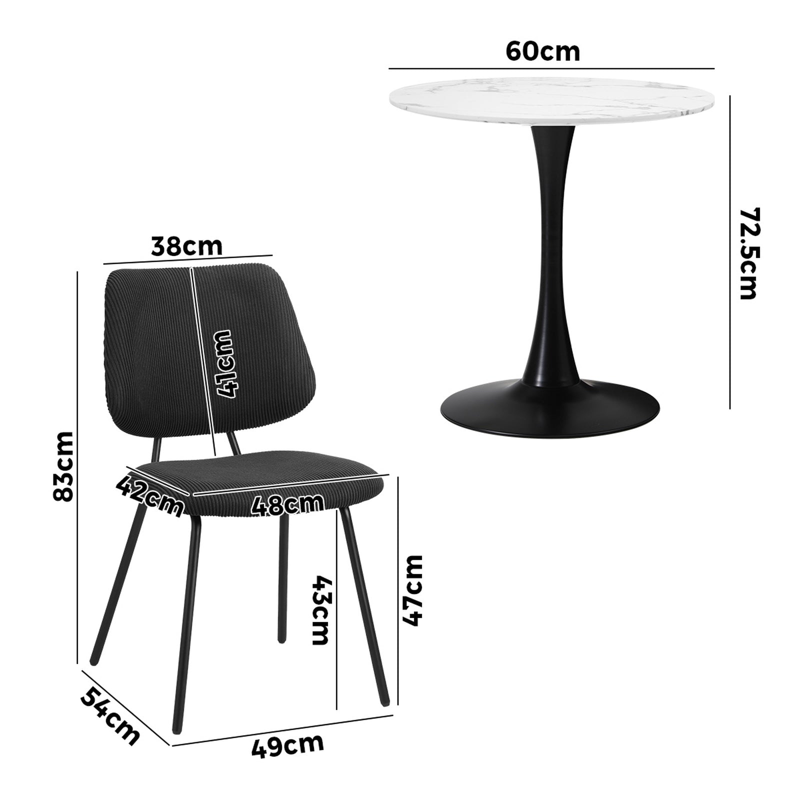 Oikiture Dining Table Set 60cm Round Dining Table and 2x Dining Chairs Black&White
