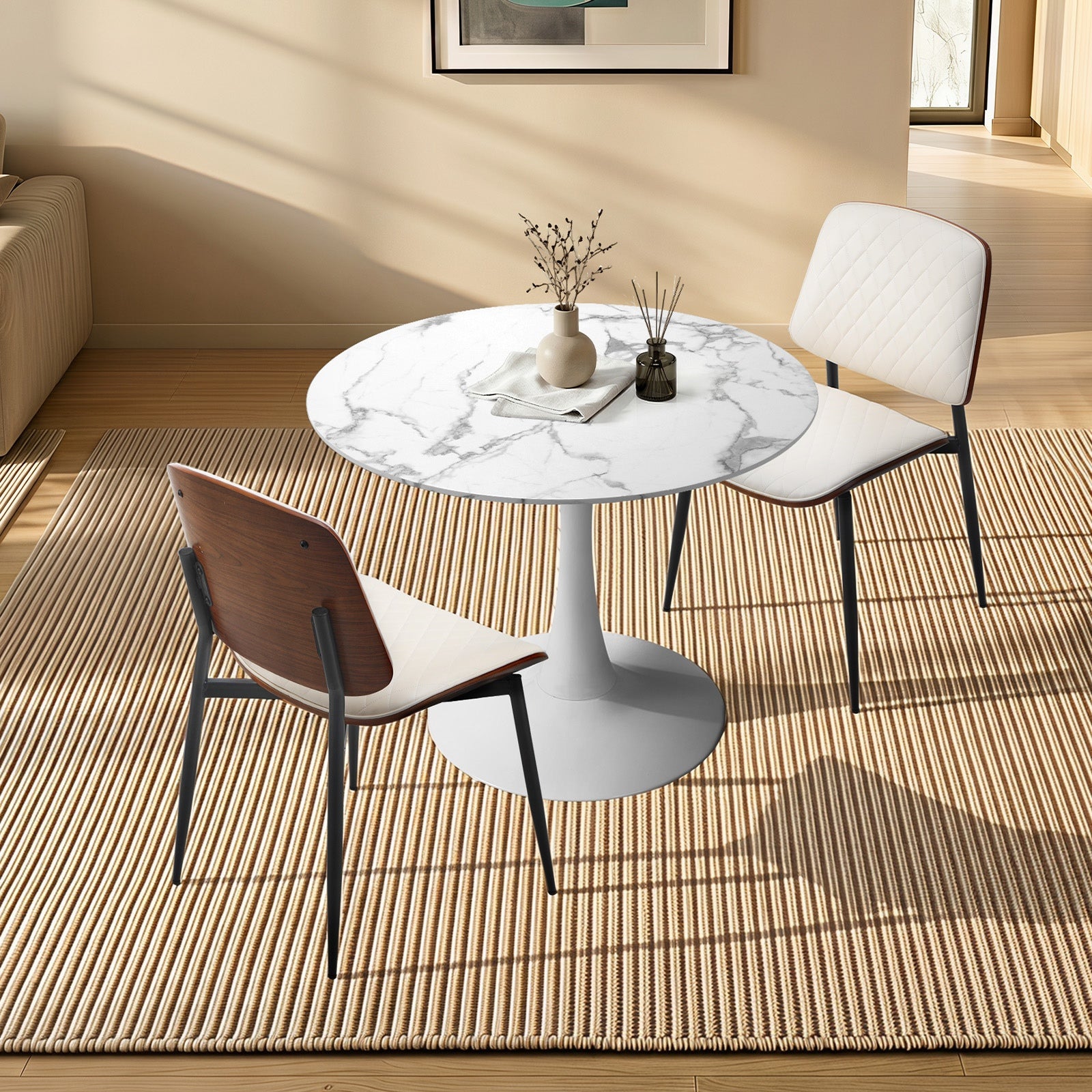 Oikiture Dining Table Set 60cm Round Dining Table and Chairs PU Leather White