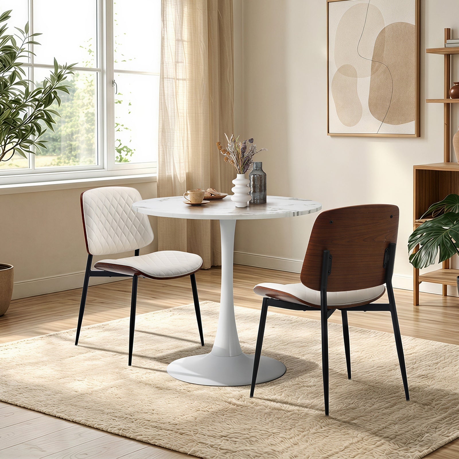 Oikiture Dining Table Set 60cm Round Dining Table and Chairs PU Leather White
