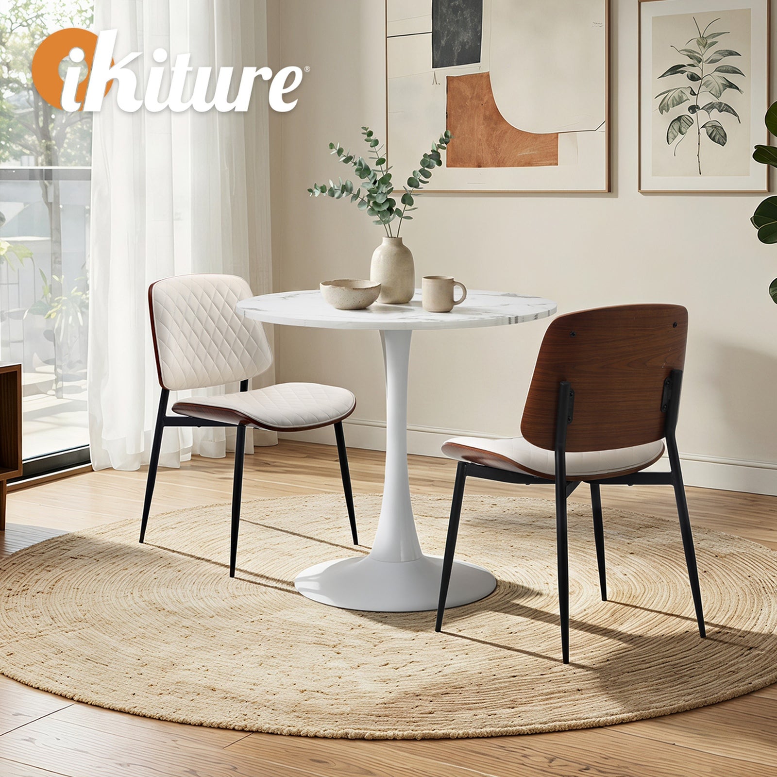 Oikiture Dining Table Set 60cm Round Dining Table and Chairs PU Leather White