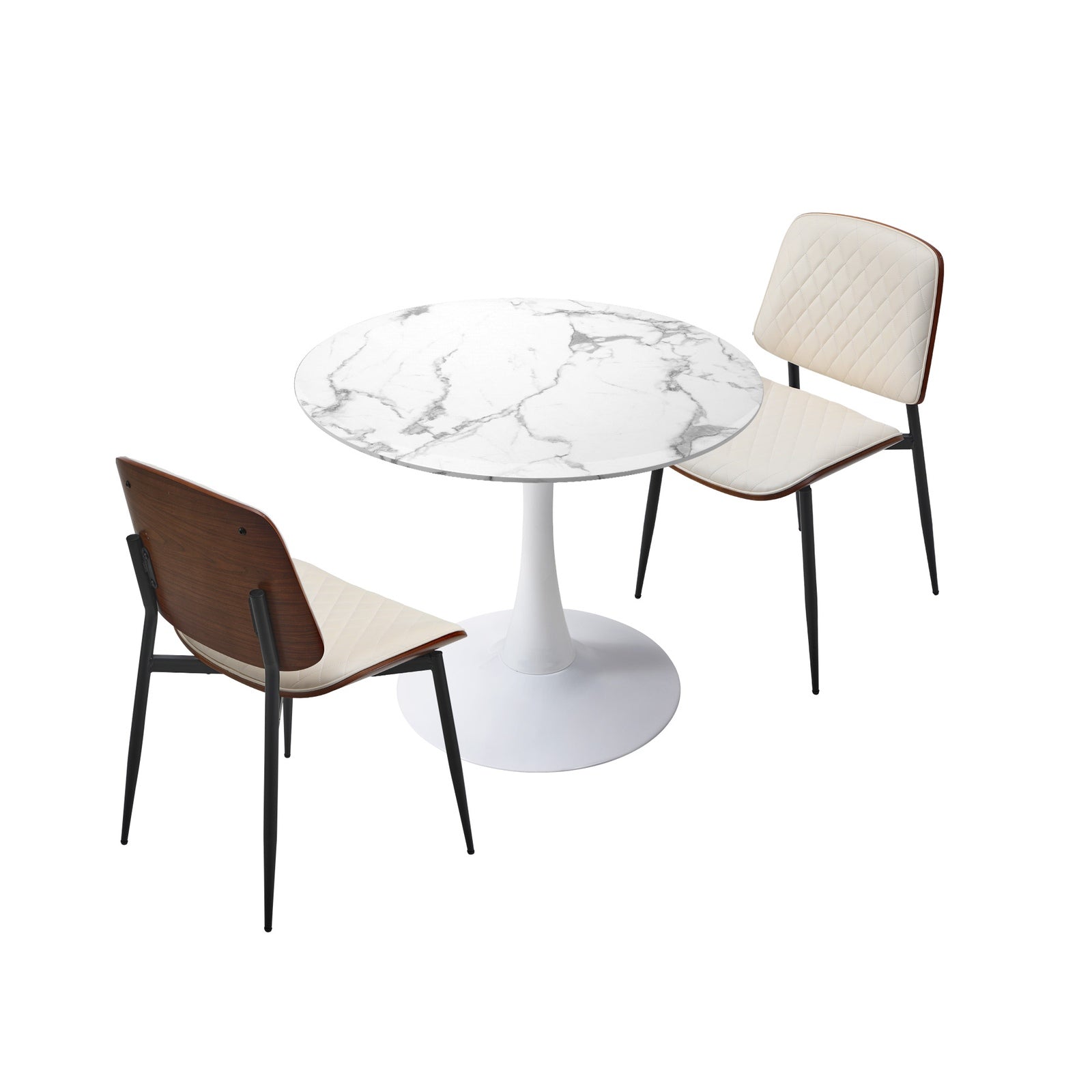 Oikiture Dining Table Set 60cm Round Dining Table and Chairs PU Leather White