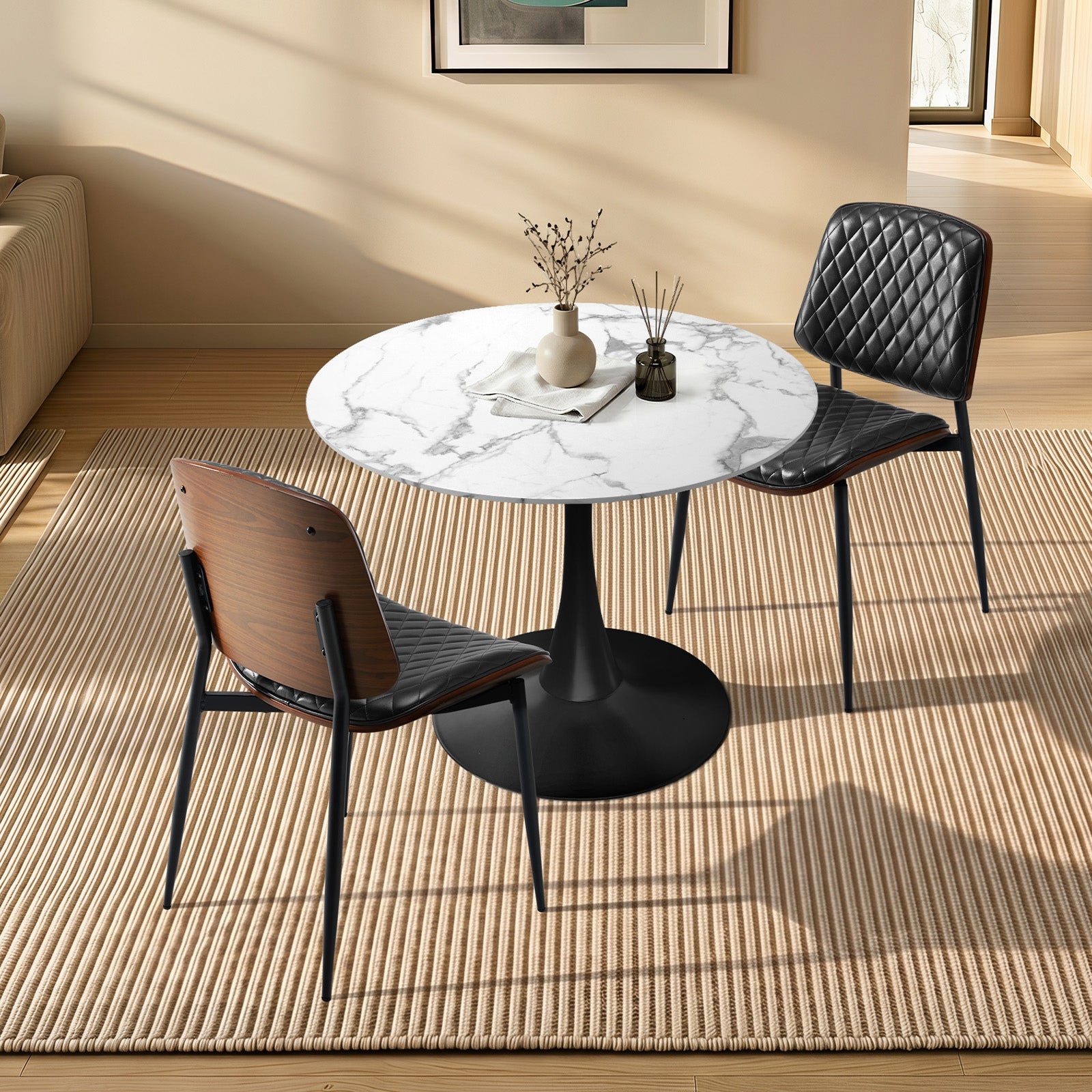 Oikiture Dining Table Set 60cm Round Dining Table and Chairs White&Black