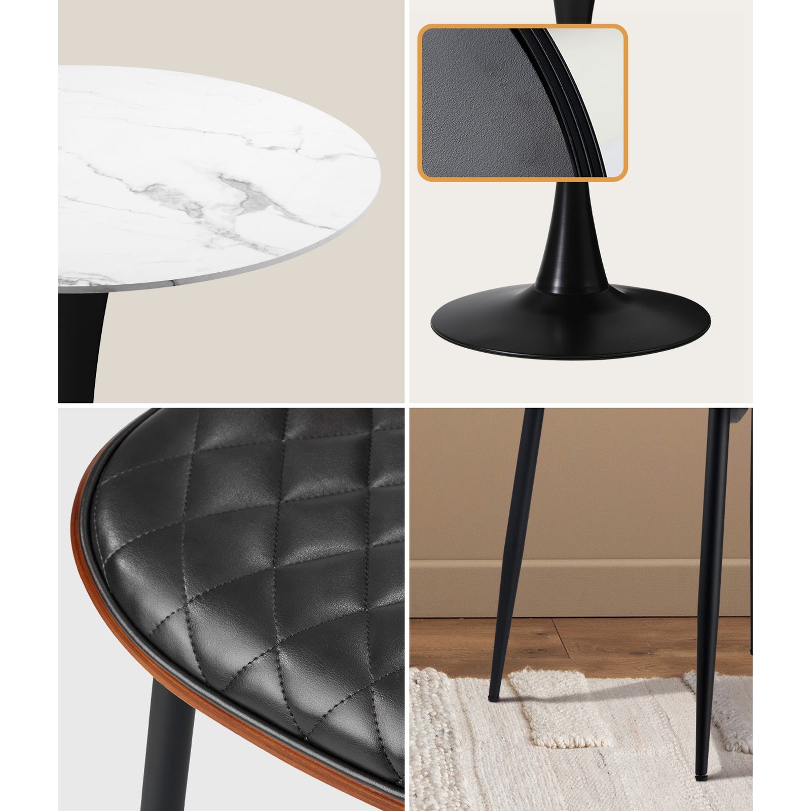 Oikiture Dining Table Set 60cm Round Dining Table and Chairs White&Black