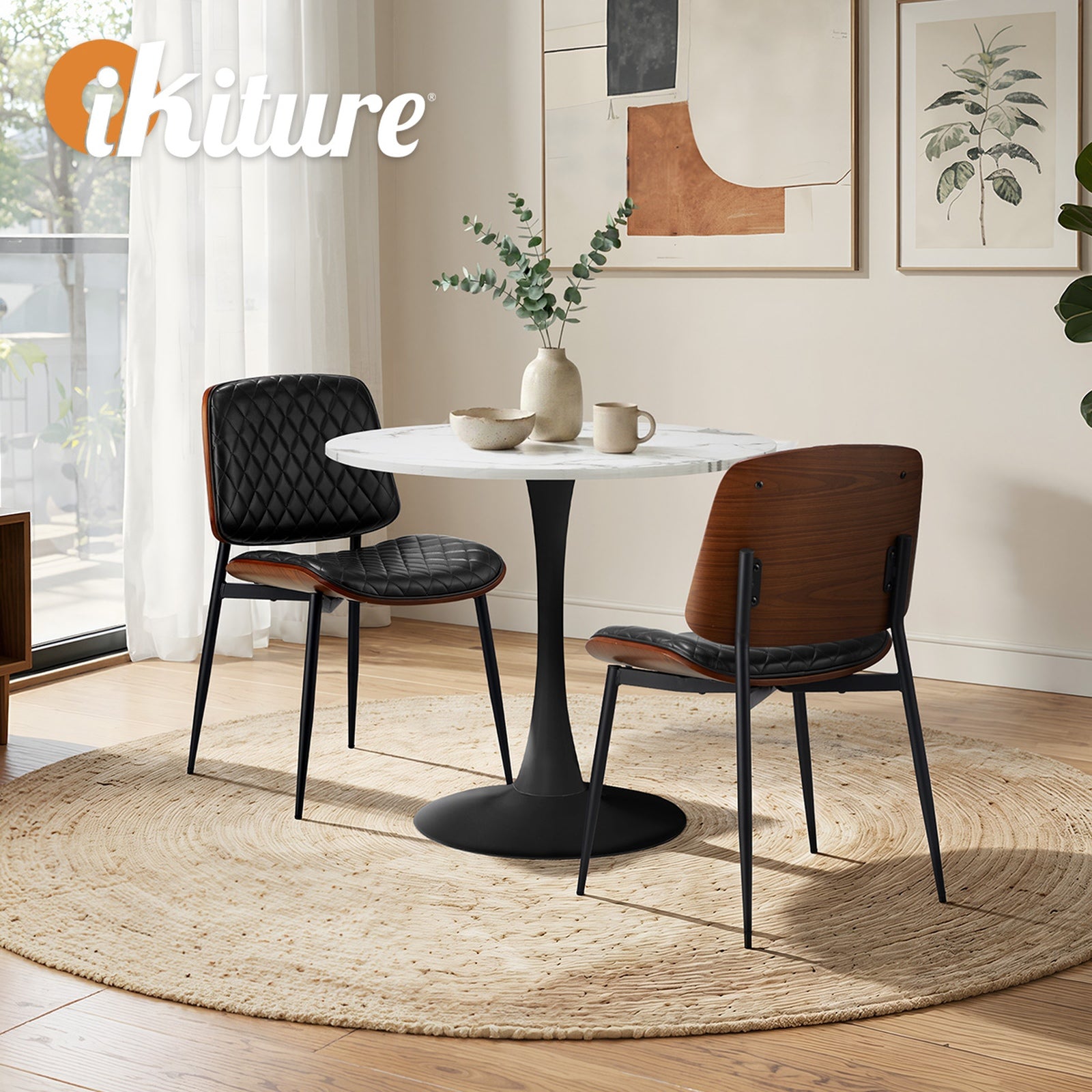 Oikiture Dining Table Set 60cm Round Dining Table and Chairs White&Black