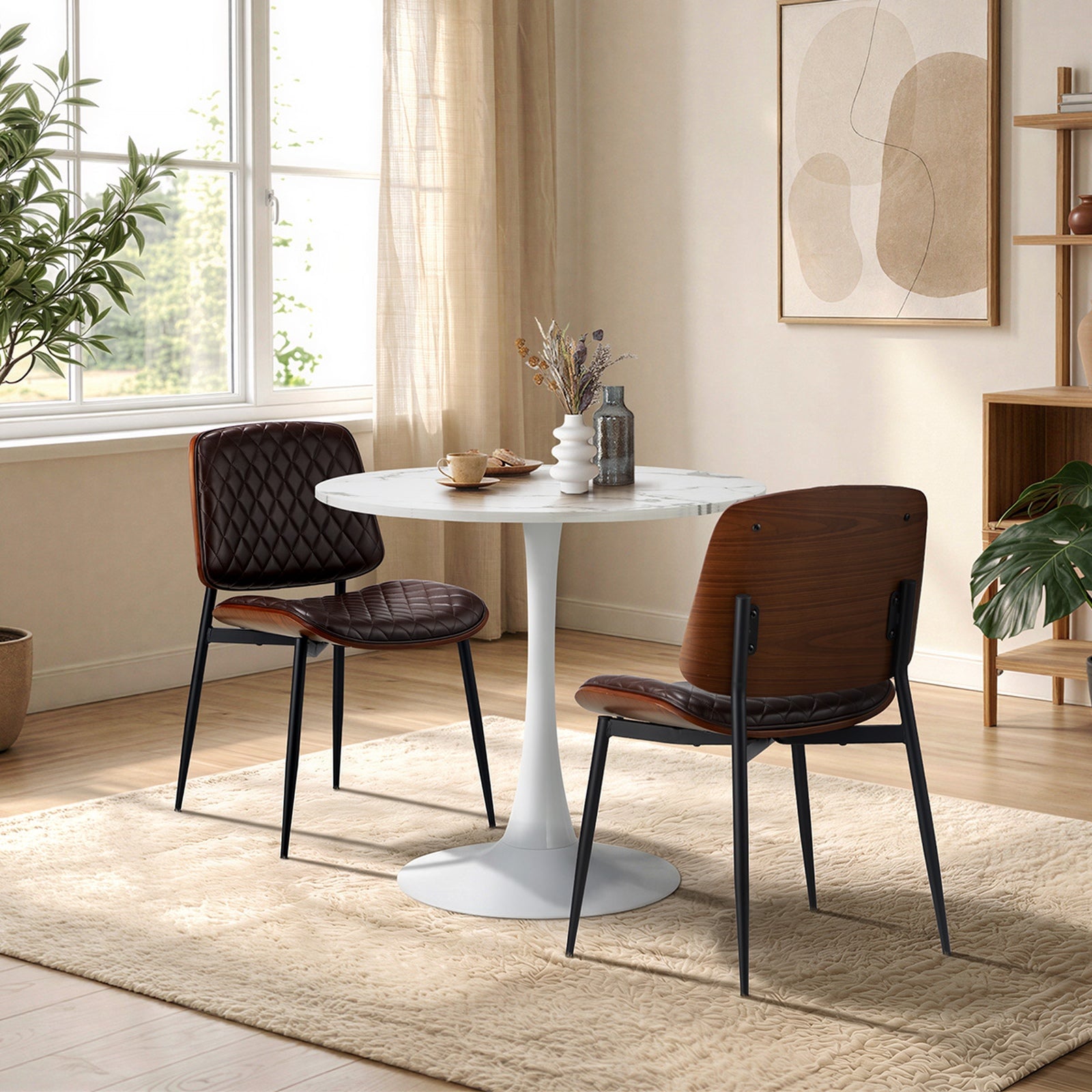 Oikiture Dining Table Set 60cm Round Dining Table and Chairs Brown&White
