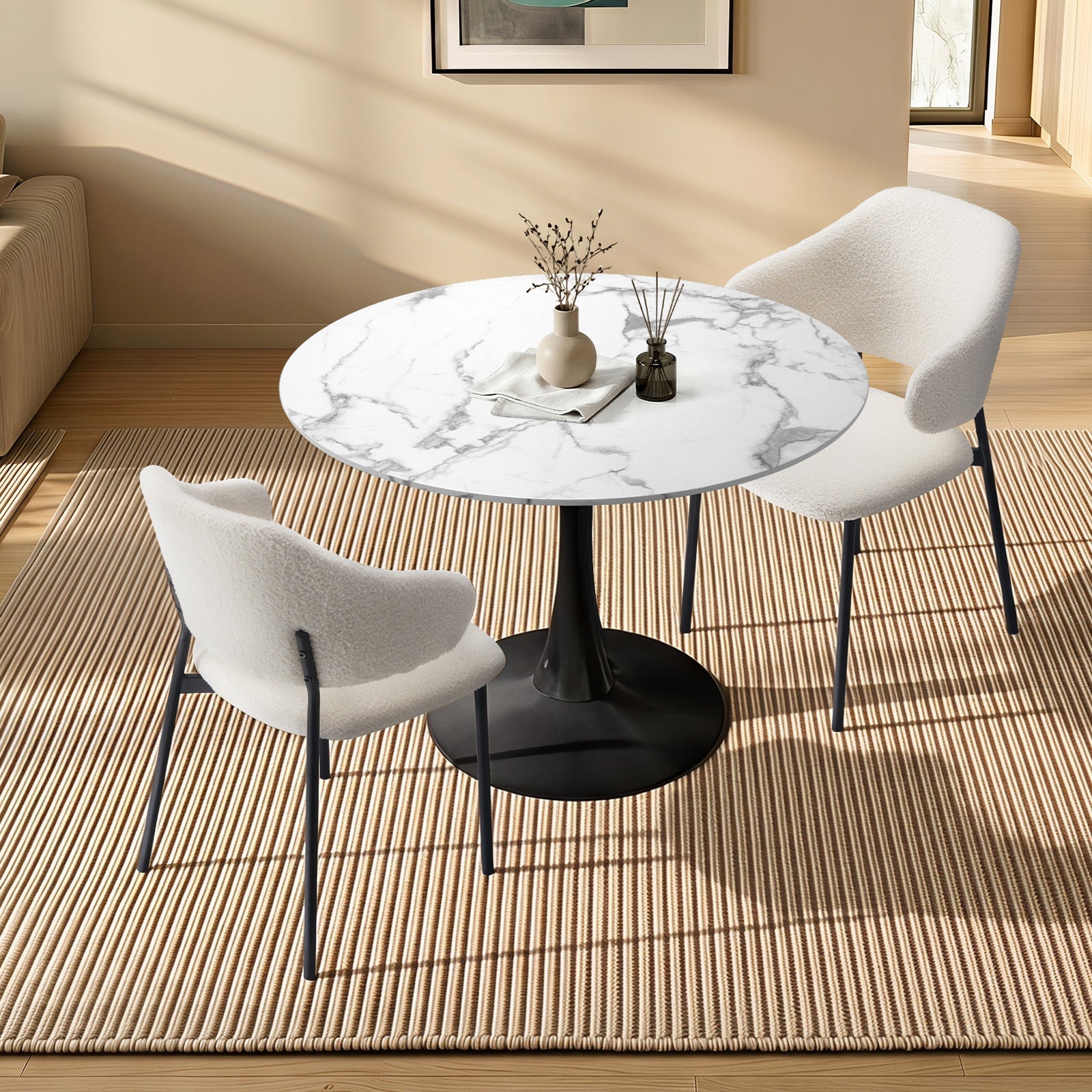 Oikiture 3PCS Dining Table Set Round Table Fabric Dining Chairs White&Black