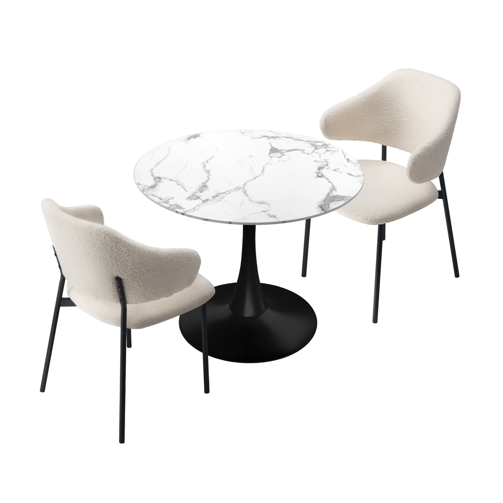 Oikiture 3PCS Dining Table Set Round Table Fabric Dining Chairs White&Black
