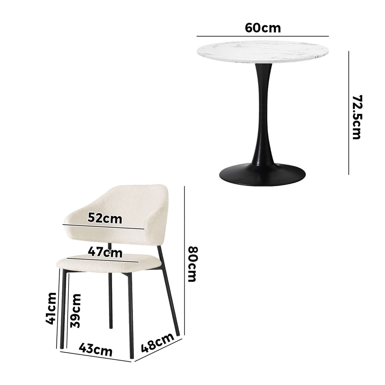 Oikiture 3PCS Dining Table Set Round Table Fabric Dining Chairs White&Black