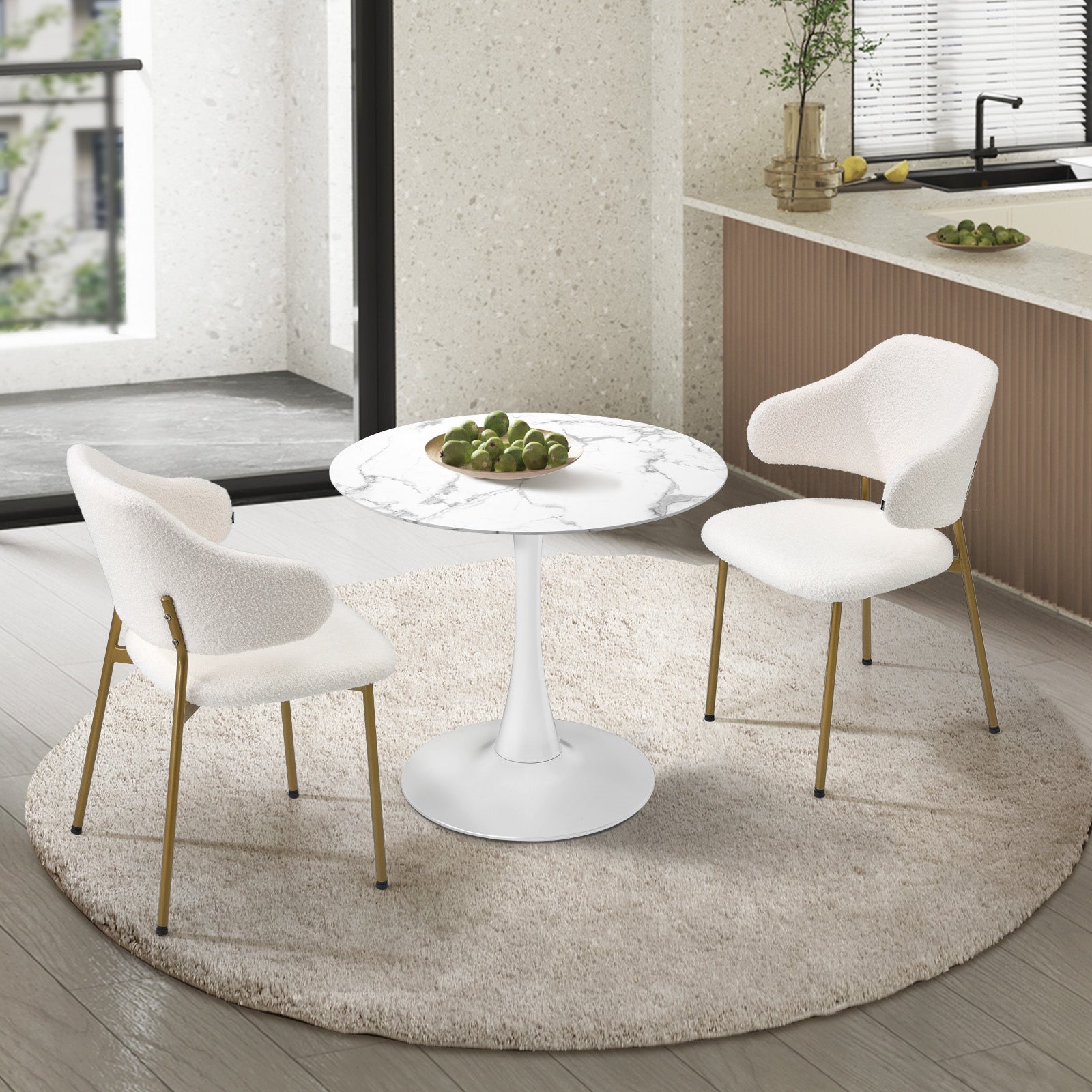 Oikiture 60cm Round Dining Table with 2x Dining Chairs Sherpa Gold&White - Sunyee