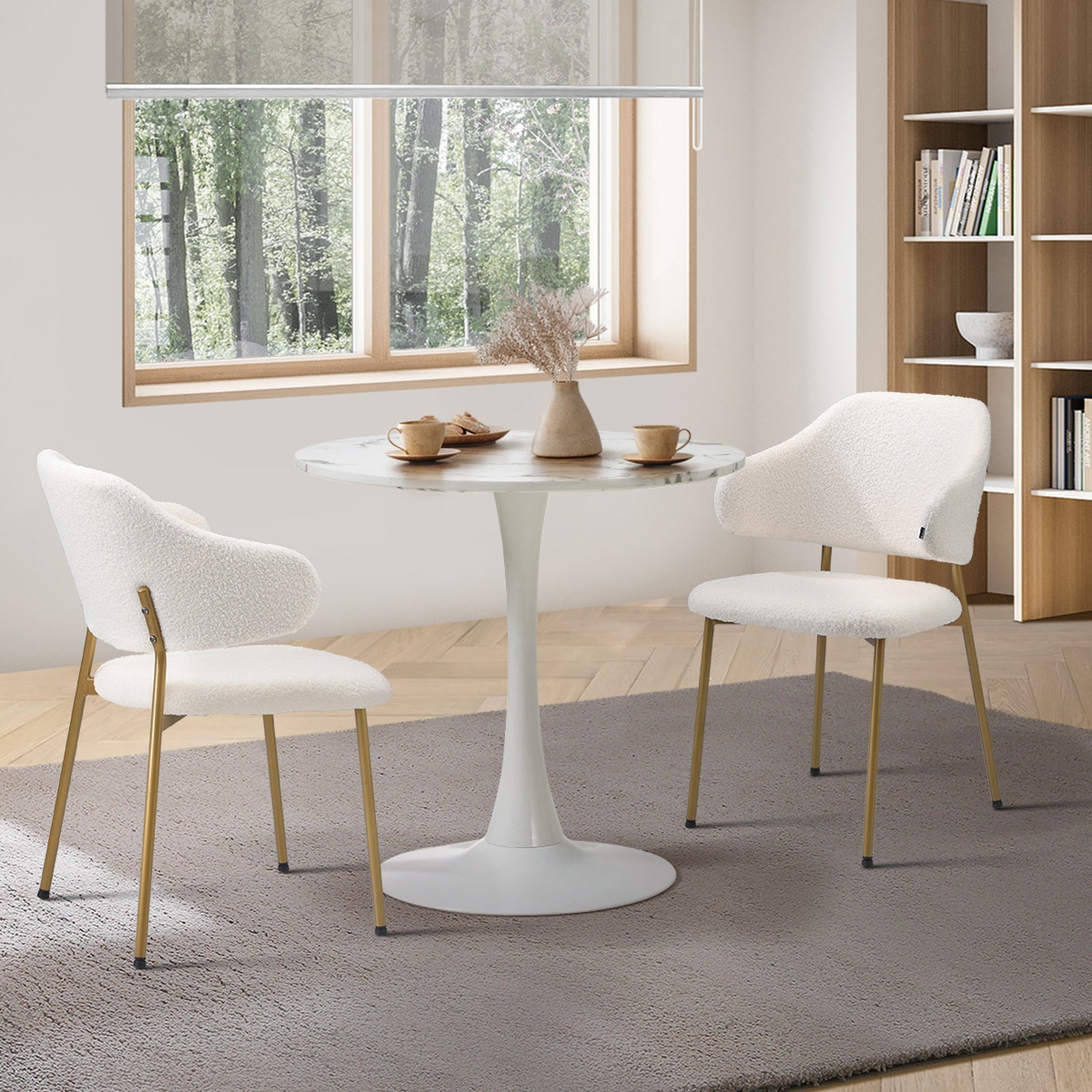 Oikiture 60cm Round Dining Table with 2x Dining Chairs Sherpa Gold&White - Sunyee