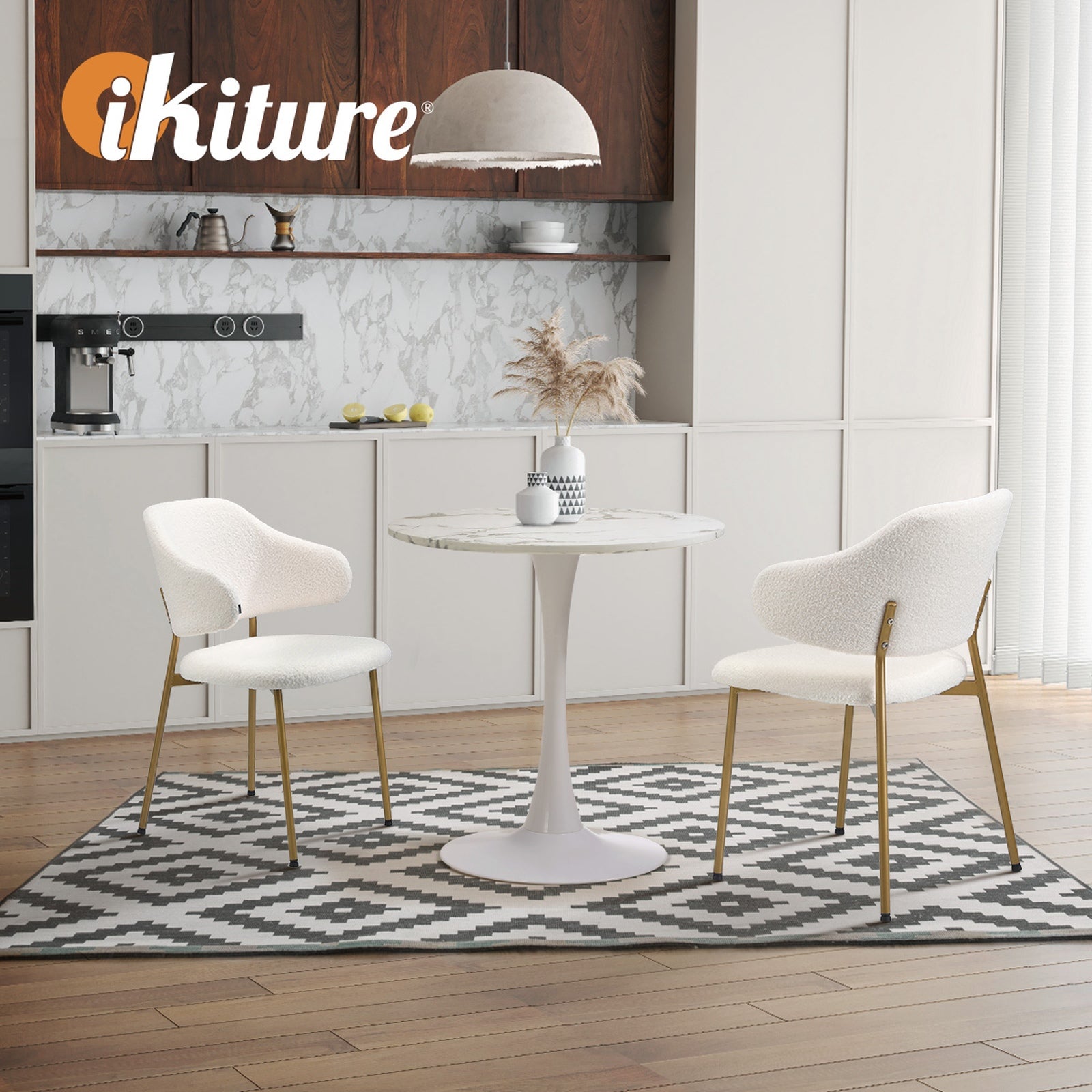 Oikiture 60cm Round Dining Table with 2x Dining Chairs Sherpa Gold&White - Sunyee