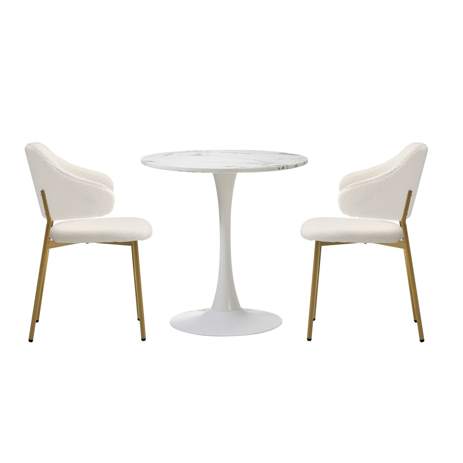 Oikiture 60cm Round Dining Table with 2x Dining Chairs Sherpa Gold&White - Sunyee