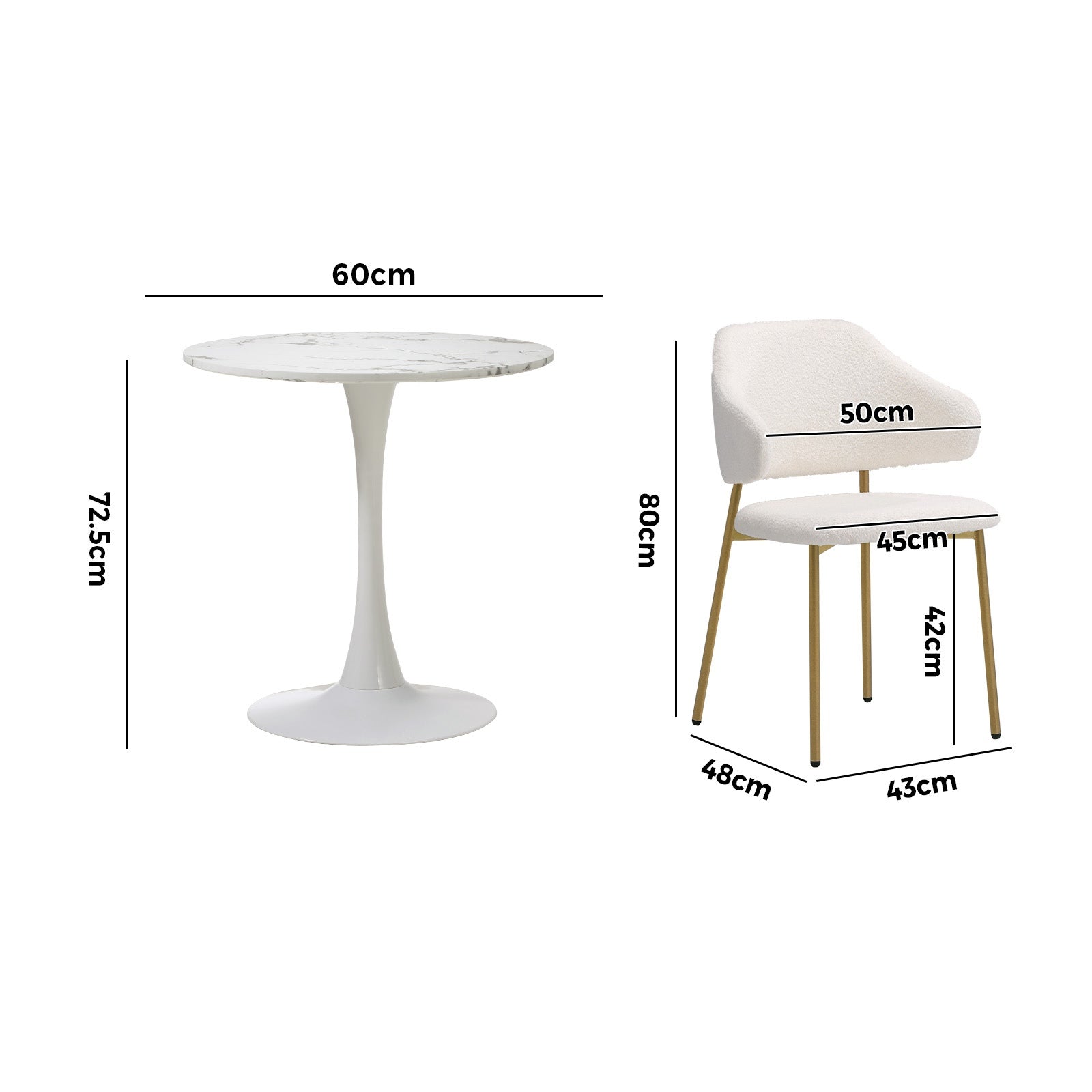 Oikiture 60cm Round Dining Table with 2x Dining Chairs Sherpa Gold&White - Sunyee