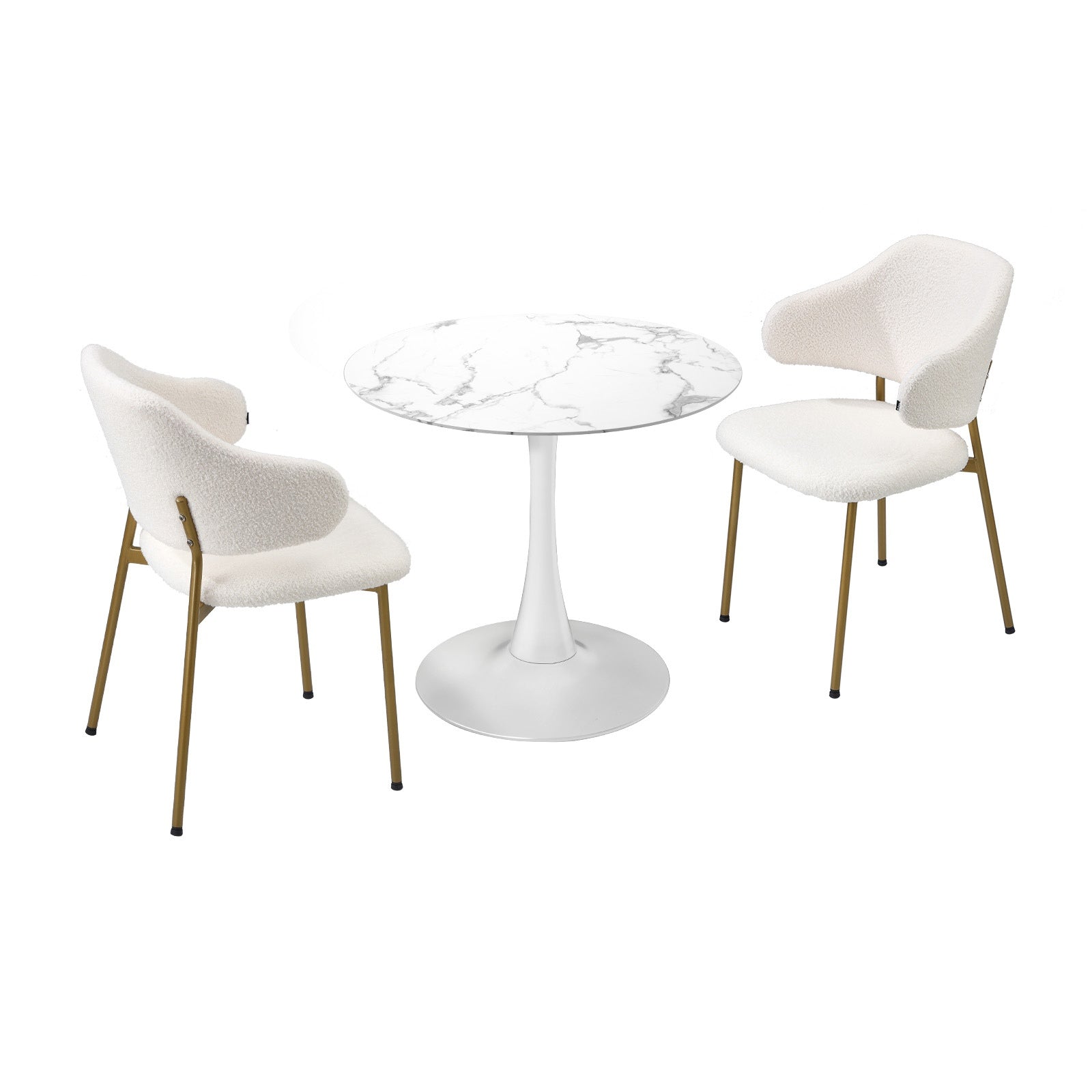 Oikiture 60cm Round Dining Table with 2x Dining Chairs Sherpa Gold&White - Sunyee