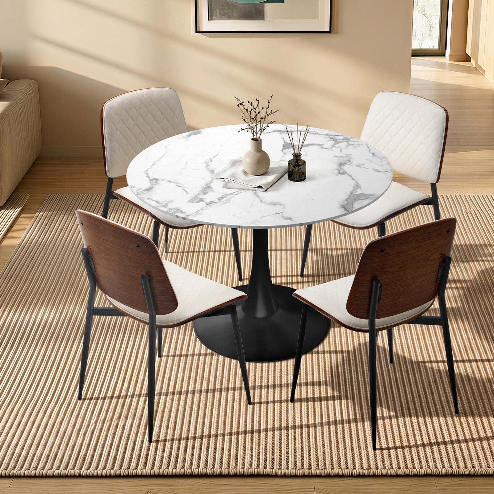 Oikiture Dining Table Set 90cm Round Dining Table and Chairs PU Leather White&Black