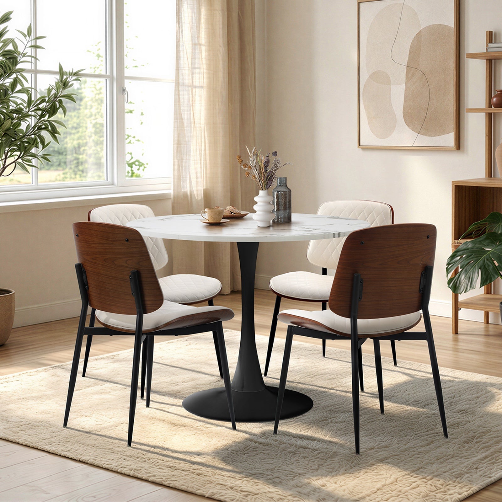 Oikiture Dining Table Set 90cm Round Dining Table and Chairs PU Leather White&Black