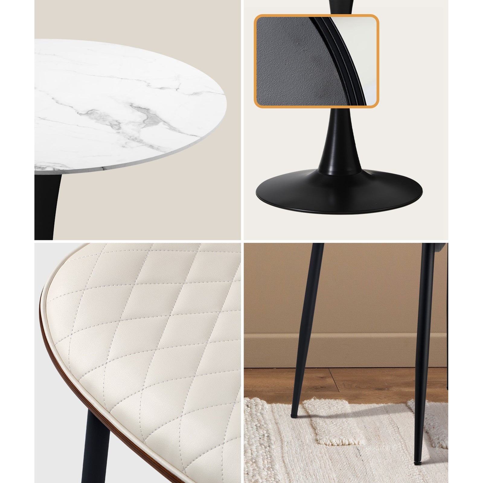 Oikiture Dining Table Set 90cm Round Dining Table and Chairs PU Leather White&Black