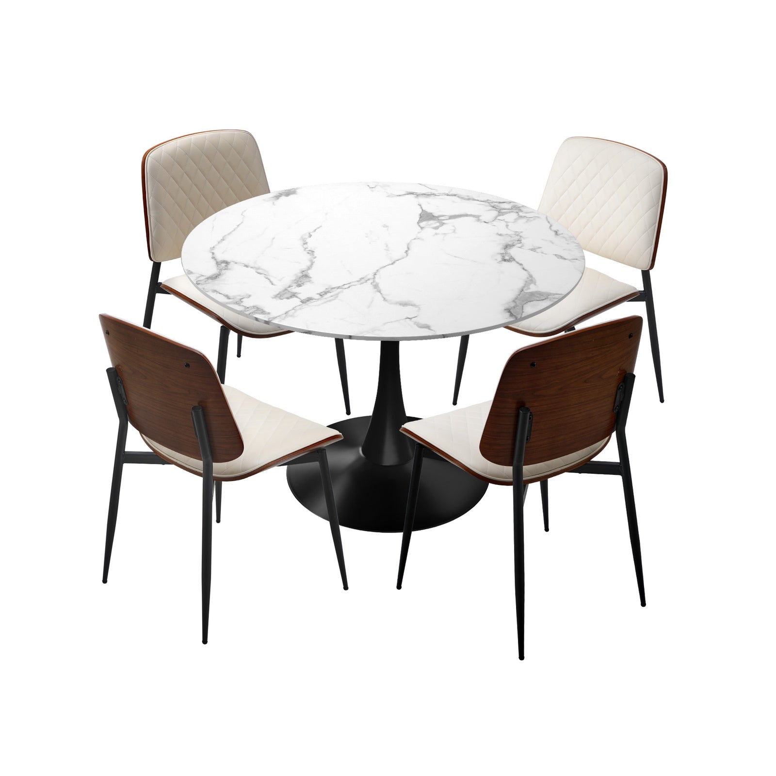 Oikiture Dining Table Set 90cm Round Dining Table and Chairs PU Leather White&Black