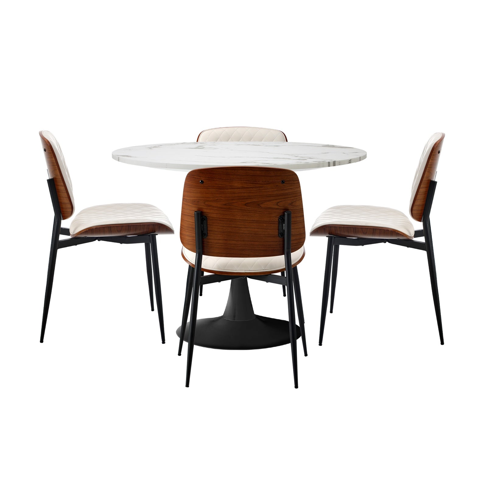 Oikiture Dining Table Set 90cm Round Dining Table and Chairs PU Leather White&Black