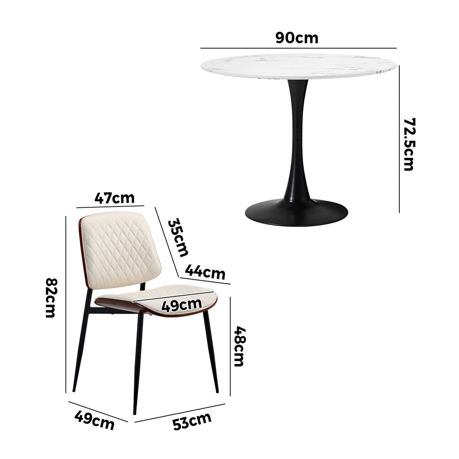 Oikiture Dining Table Set 90cm Round Dining Table and Chairs PU Leather White&Black